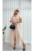 Sukienka Koszulowa Maxi Premium Wiązana w Pasie Elegancka Oversize Guziki Kieszenie - szampański